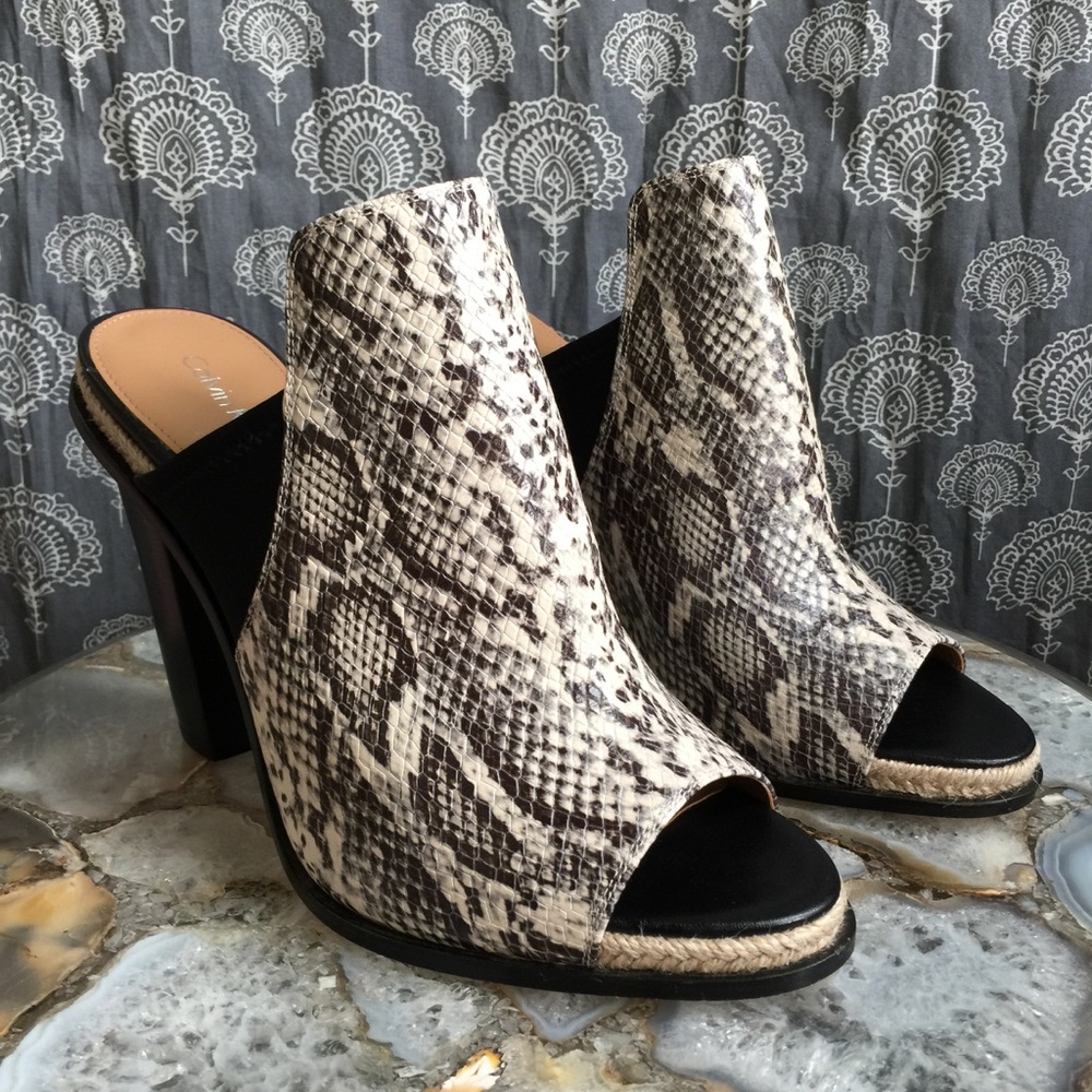 Calvin Klein Snakeskin Print Open-Toe Mules